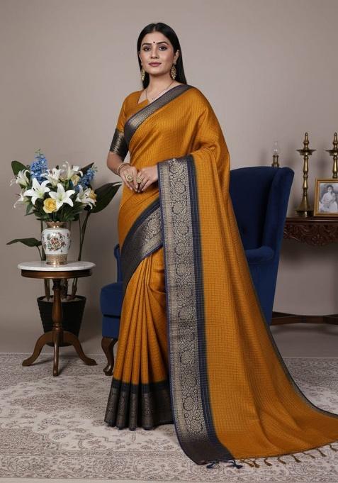 Mustard Embroidery Blended Saree Set