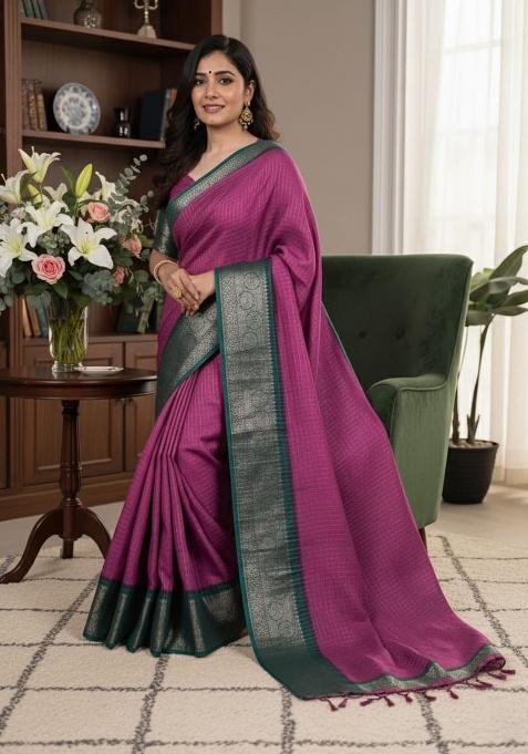 Pink Embroidery Blended Saree Set