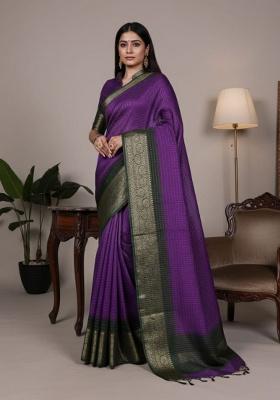 Purple Embroidery Blended Saree Set