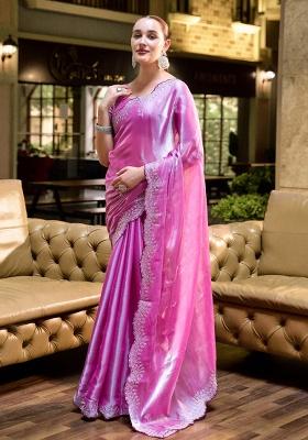 Baby Pink Embroidery Shimmer Chiffon Saree Set