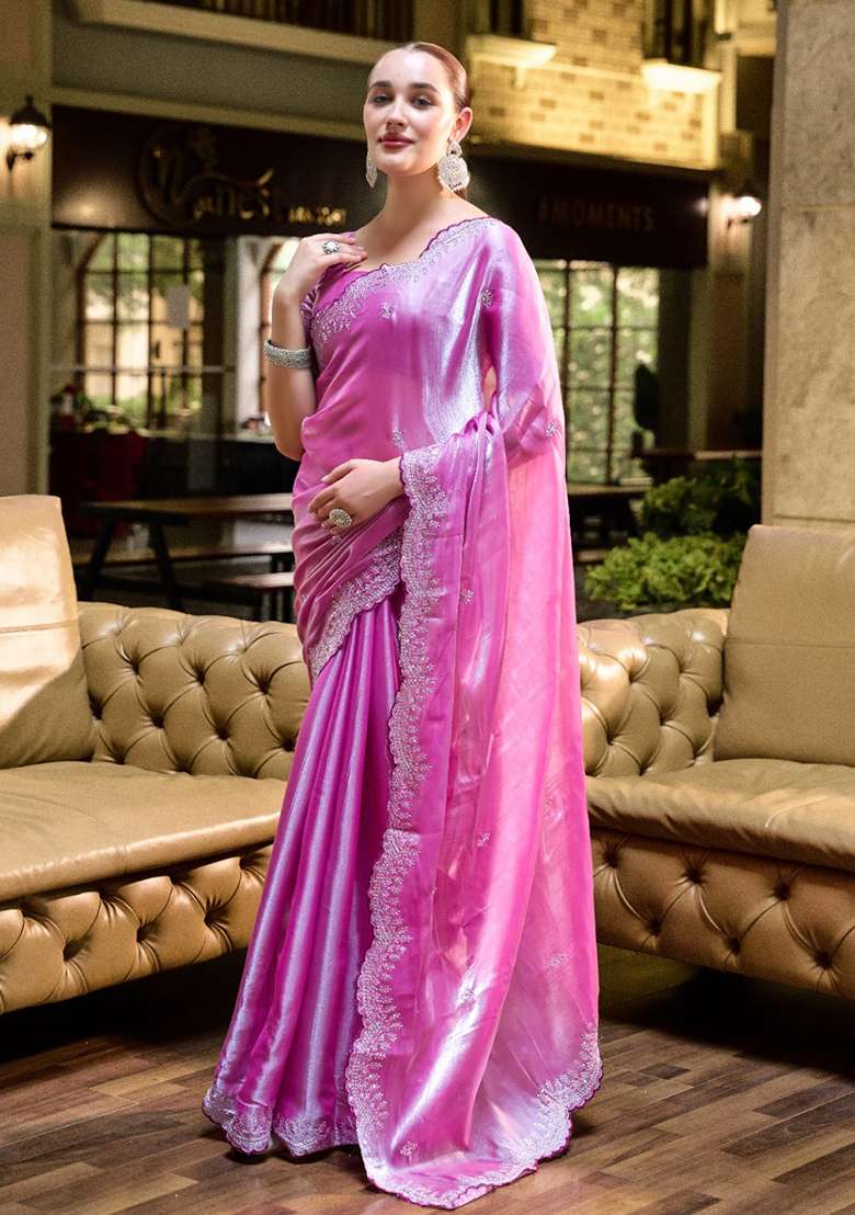 Baby Pink Shimmer Chiffon Saree Set with Embroidery for Diwali | Wedding & Festive Wear - Indya