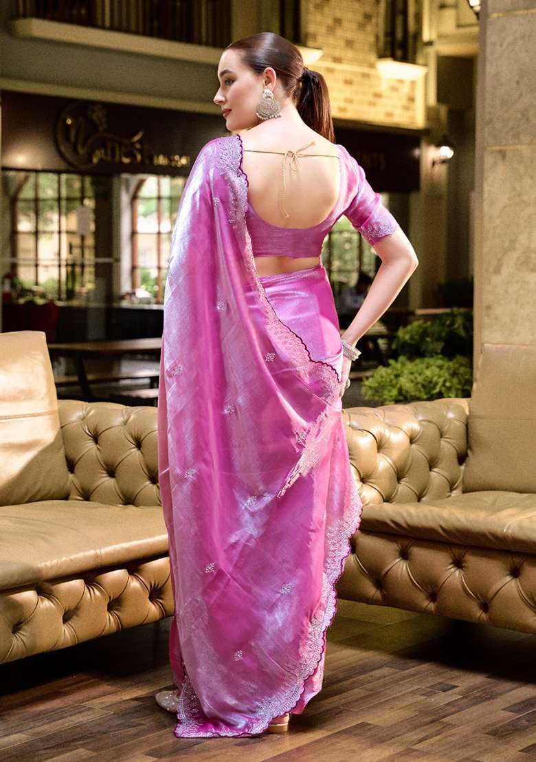 Baby Pink Shimmer Chiffon Saree Set with Embroidery for Diwali | Wedding & Festive Wear - Indya