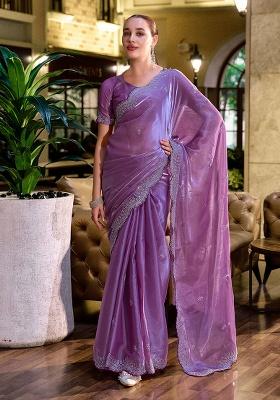 Lavender Embroidery Shimmer Chiffon Saree Set