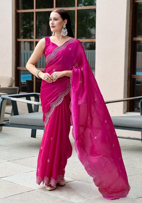 Pink Embroidery Shimmer Chiffon Saree Set