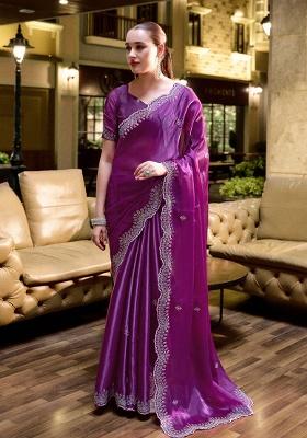 Purple Embroidery Shimmer Chiffon Saree Set