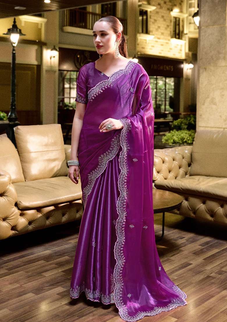 Purple Embroidery Shimmer Chiffon Saree Set for Diwali and Festive Wear - Indya