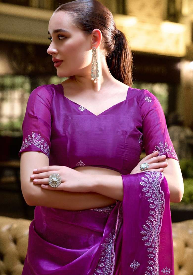 Purple Embroidery Shimmer Chiffon Saree Set for Diwali and Festive Wear - Indya