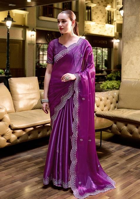 Purple Embroidery Shimmer Chiffon Saree Set