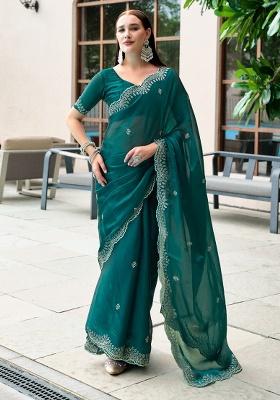 Rama Blue Embroidery Shimmer Chiffon Saree Set