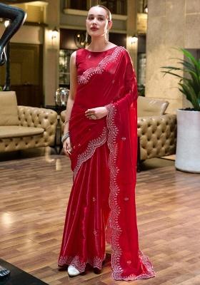 Red Embroidery Shimmer Chiffon Saree Set