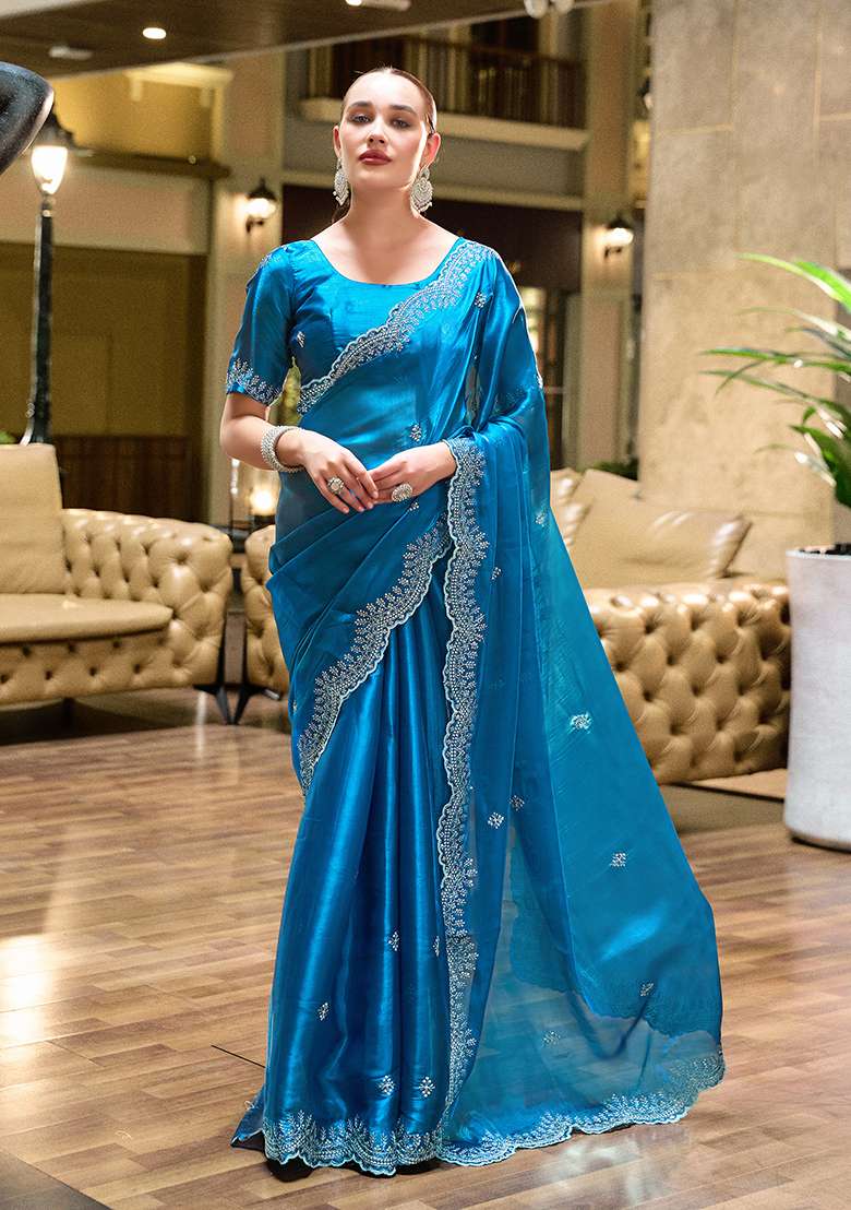 Sky Blue Shimmer Chiffon Saree Set with Embroidery for Diwali | Wedding & Festive Wear - Indya
