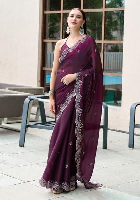 Wine Embroidery Shimmer Chiffon Saree Set