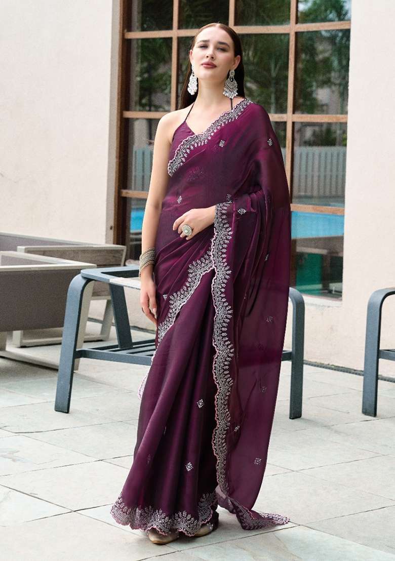 Wine Embroidery Shimmer Chiffon Saree Set for Diwali and Festive Wear - Indya