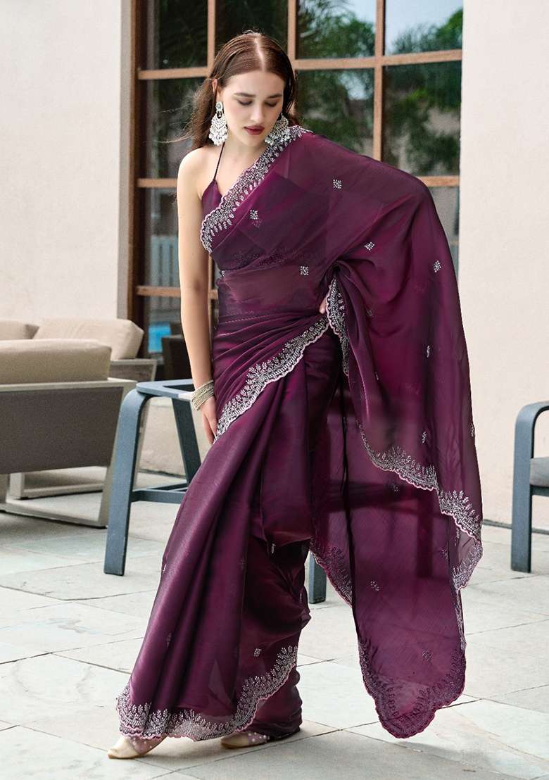 Wine Embroidery Shimmer Chiffon Saree Set for Diwali and Festive Wear - Indya