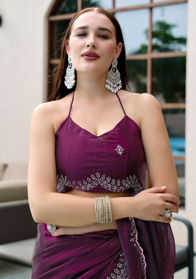 Wine Embroidery Shimmer Chiffon Saree Set for Diwali and Festive Wear - Indya