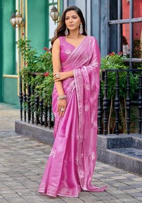 Baby Pink Embroidery Shimmer Chiffon Saree Set