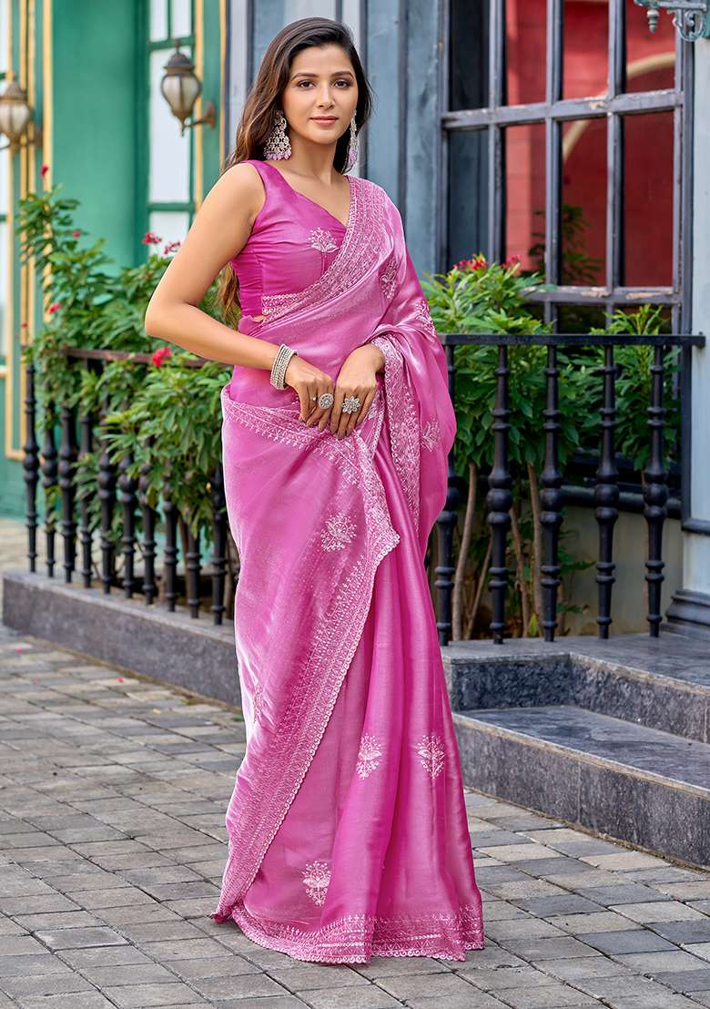 Baby Pink Shimmer Chiffon Saree Set with Embroidery for Diwali | Wedding & Festive Wear - Indya
