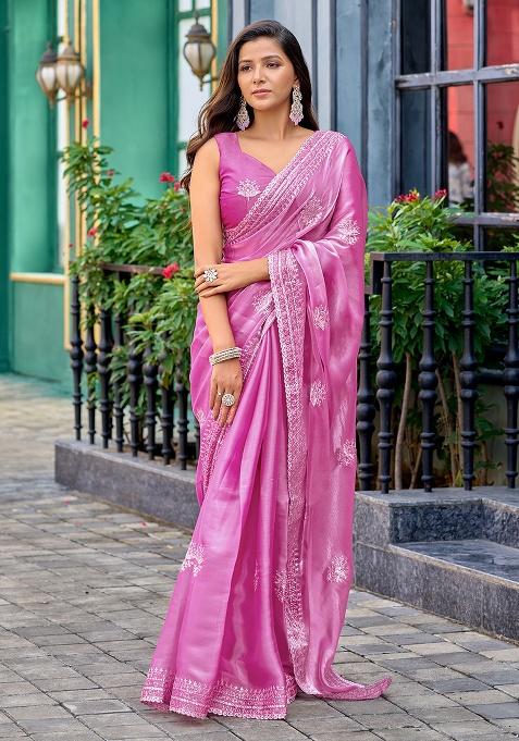 Baby Pink Embroidery Shimmer Chiffon Saree Set