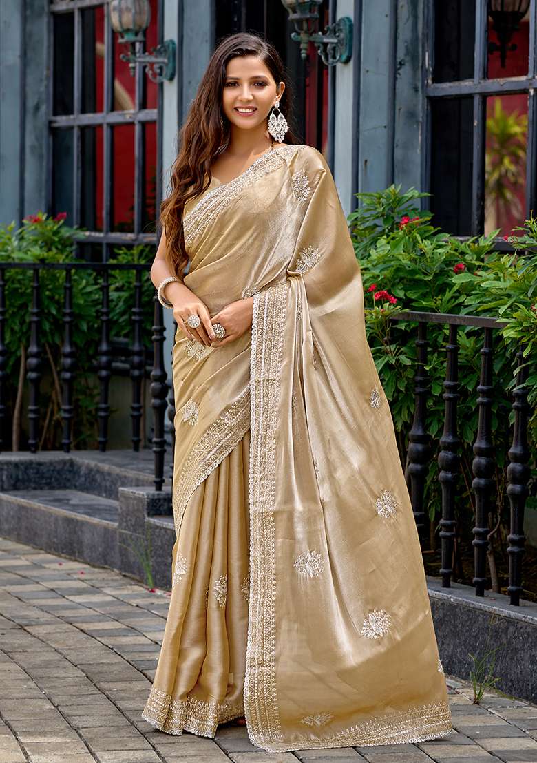 Beige Embroidery Shimmer Chiffon Saree Set for Diwali and Festive Wear - Indya