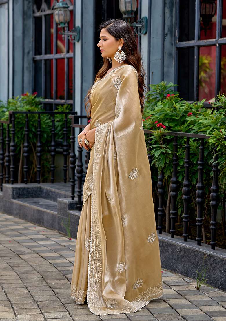 Beige Embroidery Shimmer Chiffon Saree Set for Diwali and Festive Wear - Indya