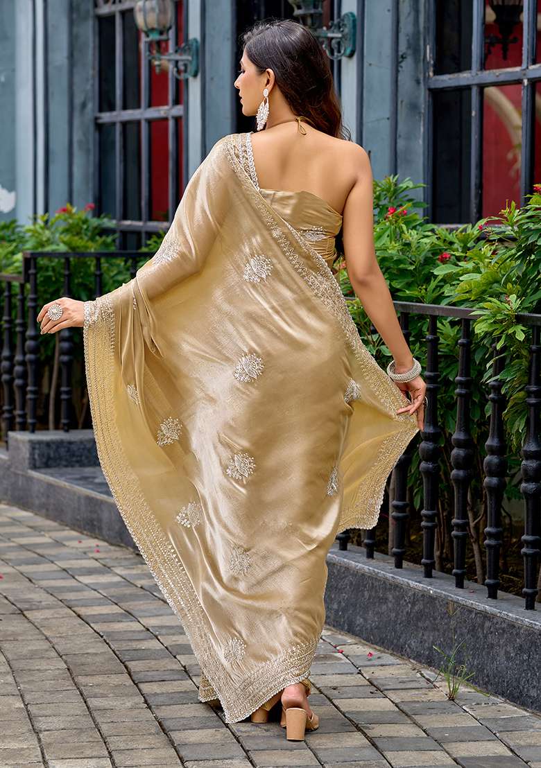 Beige Embroidery Shimmer Chiffon Saree Set for Diwali and Festive Wear - Indya