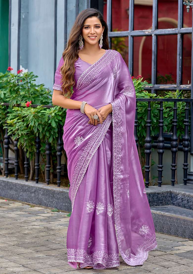 Lavender Embroidery Shimmer Chiffon Saree Set for Diwali and Festive Wear - Indya