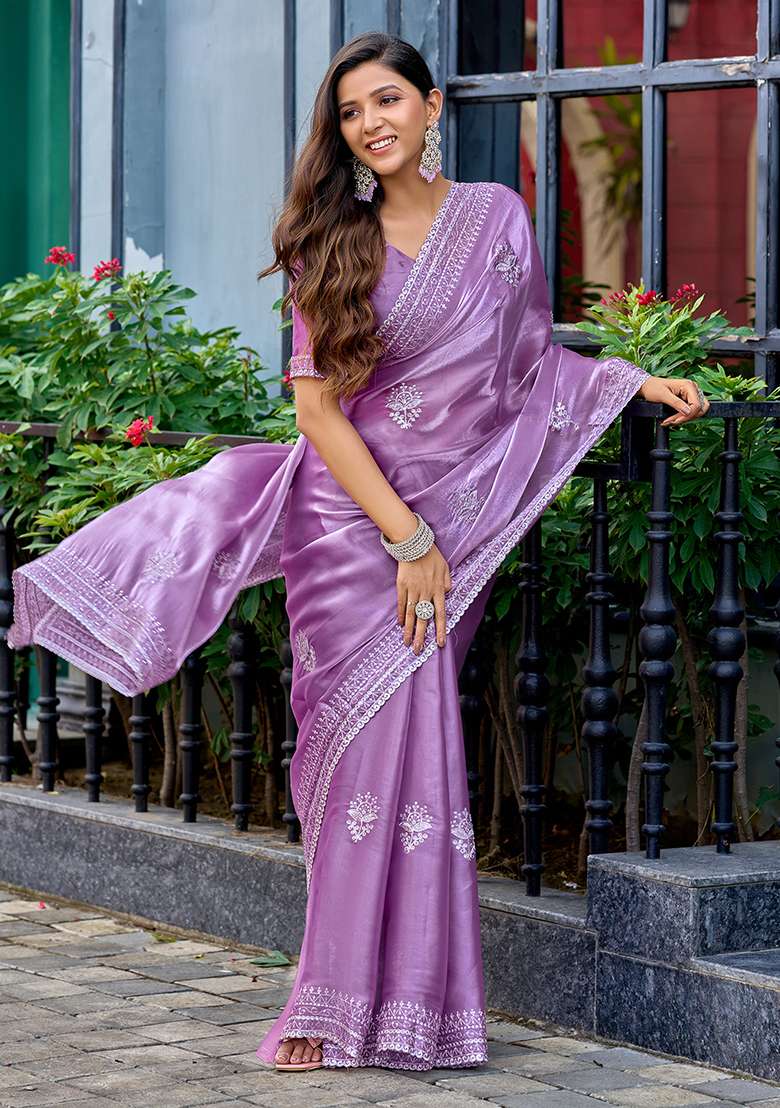 Lavender Embroidery Shimmer Chiffon Saree Set for Diwali and Festive Wear - Indya