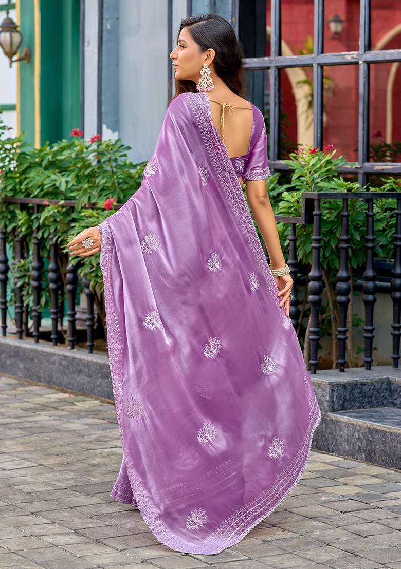 Lavender Embroidery Shimmer Chiffon Saree Set for Diwali and Festive Wear - Indya