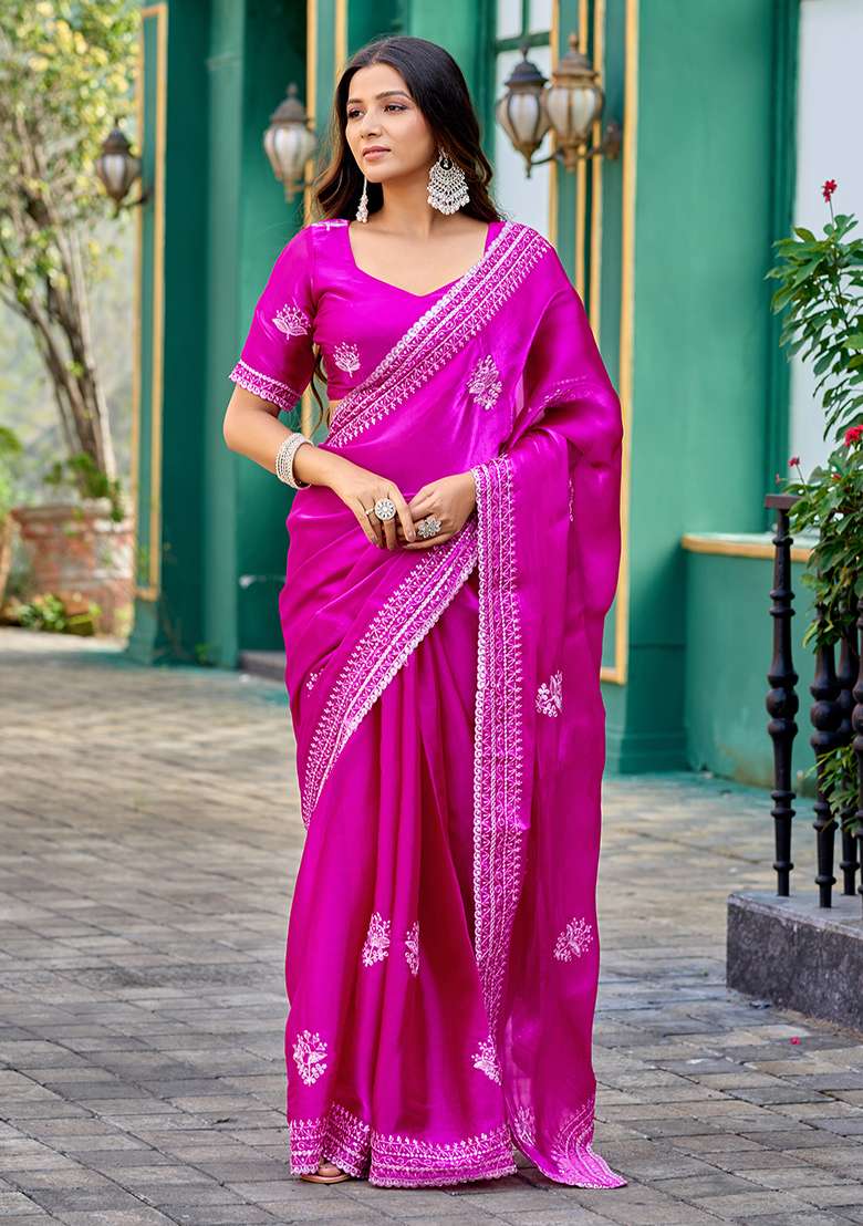 Pink Shimmer Chiffon Saree Set with Embroidery for Diwali | Wedding & Festive Wear - Indya