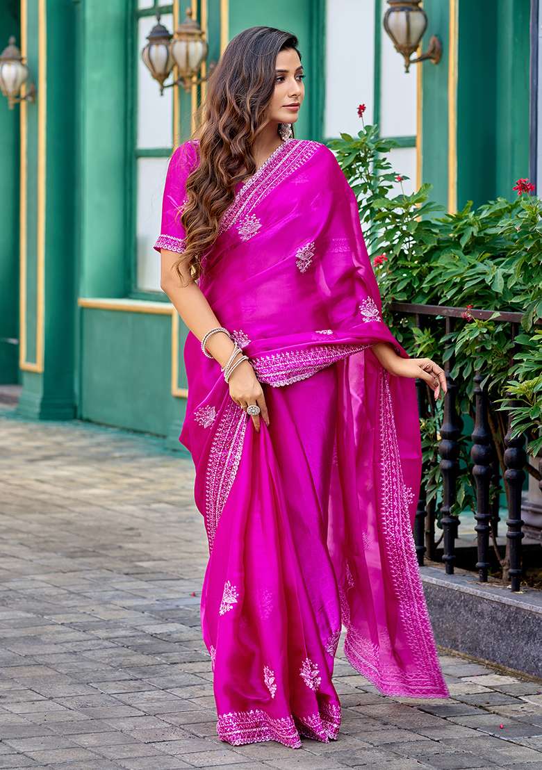 Pink Shimmer Chiffon Saree Set with Embroidery for Diwali | Wedding & Festive Wear - Indya