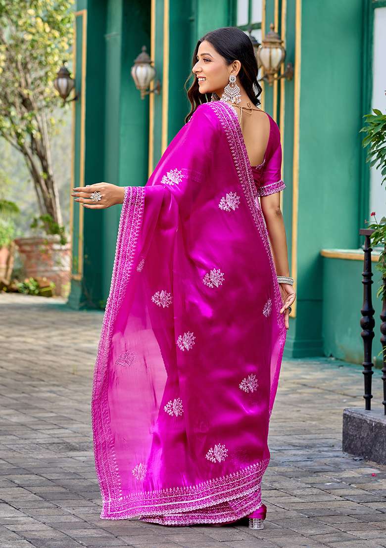 Pink Shimmer Chiffon Saree Set with Embroidery for Diwali | Wedding & Festive Wear - Indya