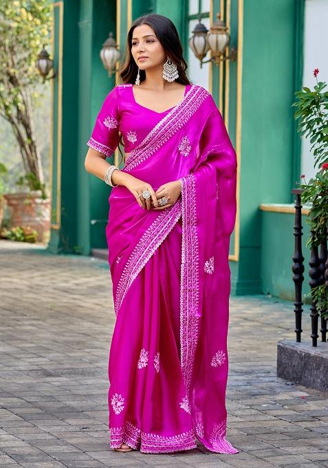 Pink Embroidery Shimmer Chiffon Saree Set
