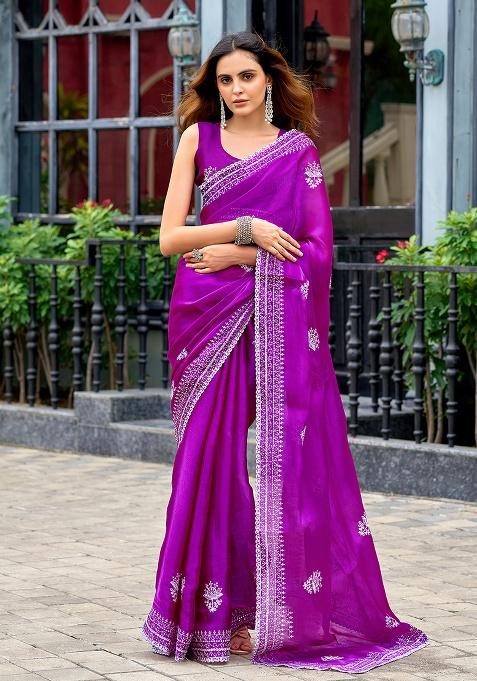 Purple Embroidery Shimmer Chiffon Saree Set