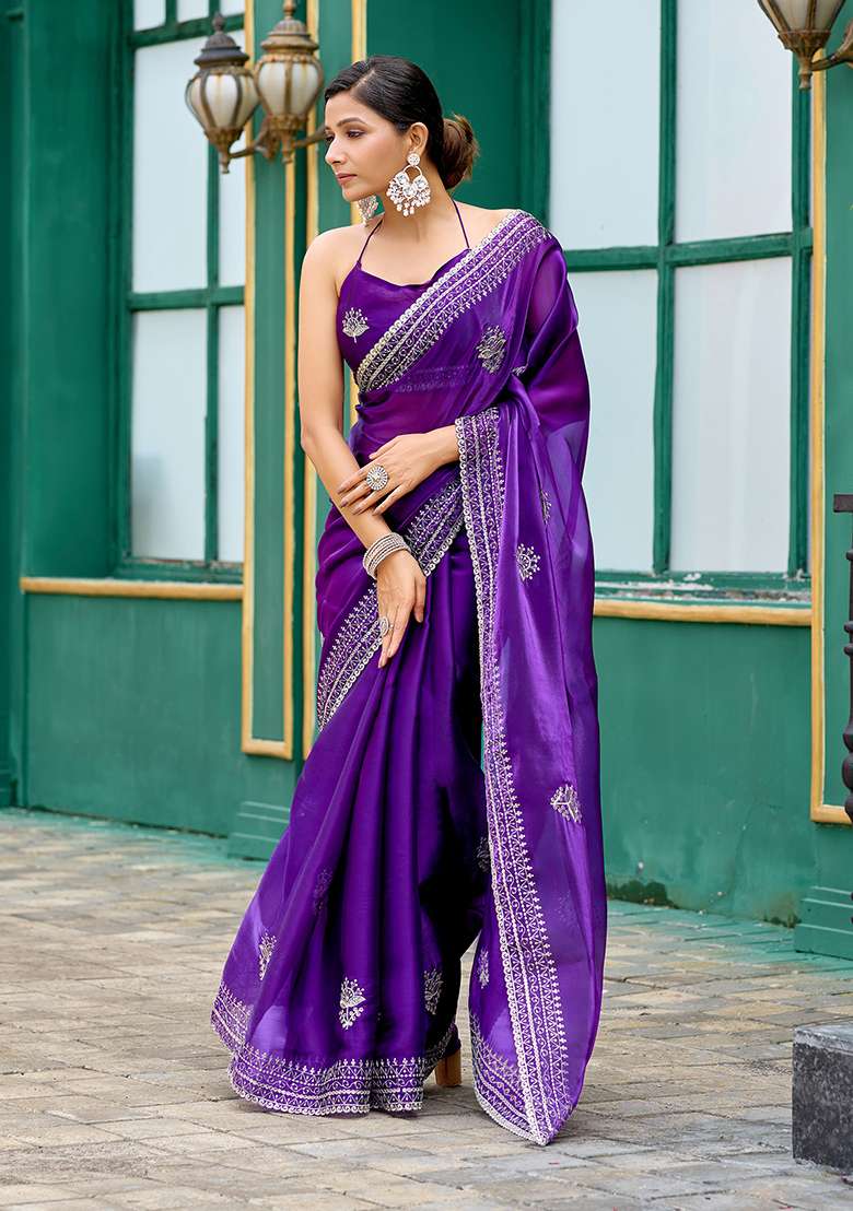 Purple Blue Embroidery Shimmer Chiffon Saree Set for Diwali and Festive Wear - Indya