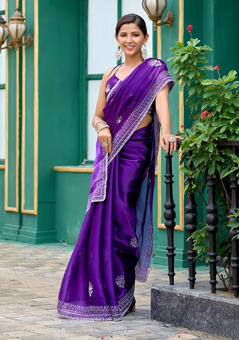 Purple Blue Embroidery Shimmer Chiffon Saree Set for Diwali and Festive Wear - Indya