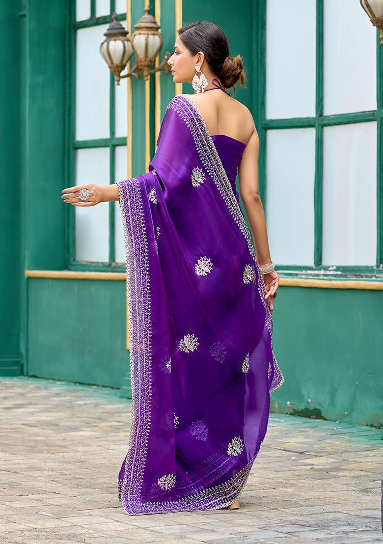 Purple Blue Embroidery Shimmer Chiffon Saree Set for Diwali and Festive Wear - Indya