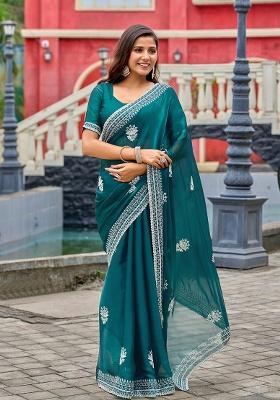 Rama Blue Embroidery Shimmer Chiffon Saree Set