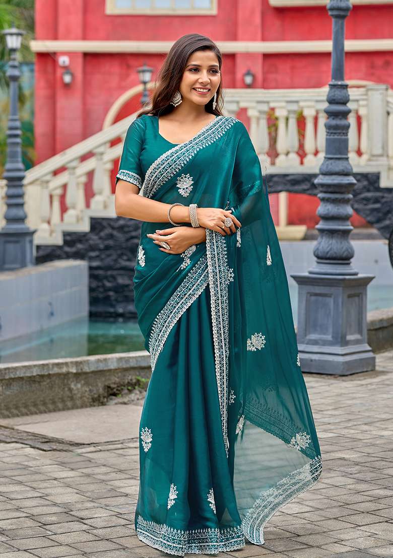 Rama Blue Embroidery Shimmer Chiffon Saree Set for Diwali and Festive Wear - Indya
