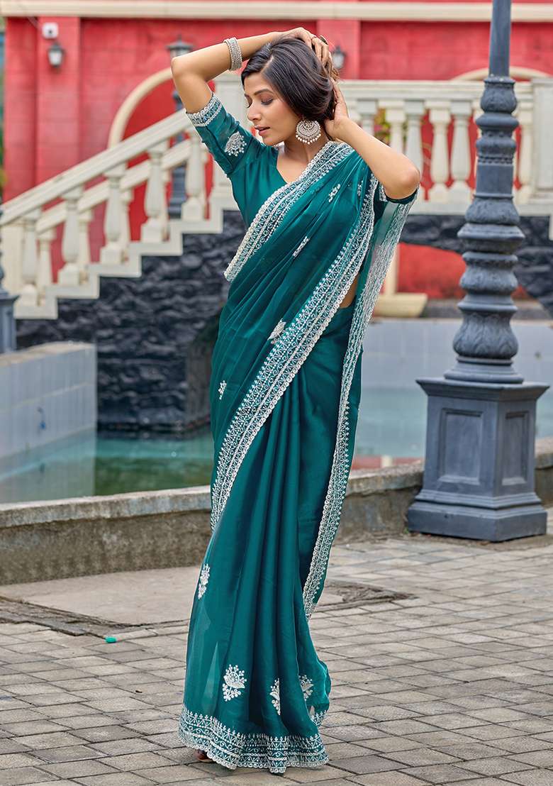 Rama Blue Embroidery Shimmer Chiffon Saree Set for Diwali and Festive Wear - Indya