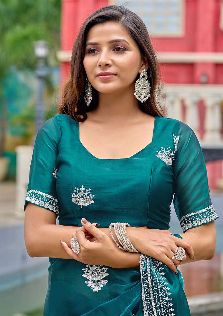 Rama Blue Embroidery Shimmer Chiffon Saree Set for Diwali and Festive Wear - Indya