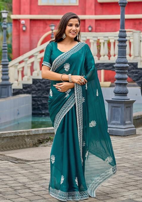Rama Blue Embroidery Shimmer Chiffon Saree Set