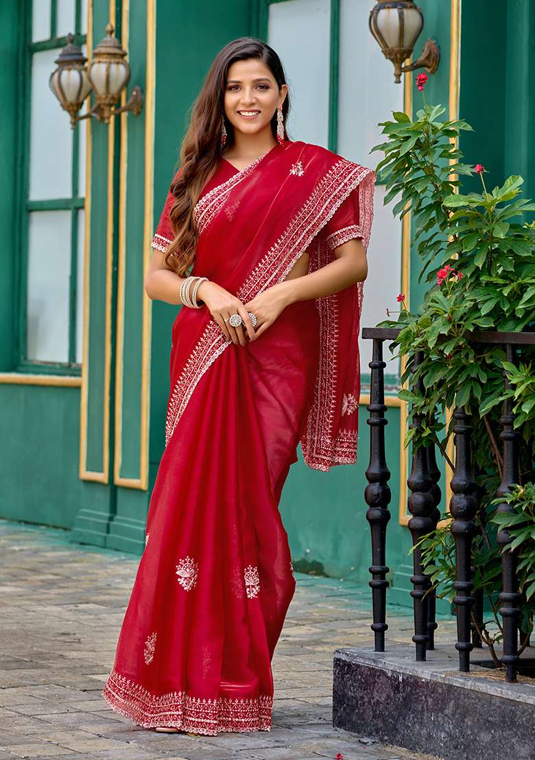 Red Embroidery Shimmer Chiffon Saree Set for Diwali and Festive Wear - Indya