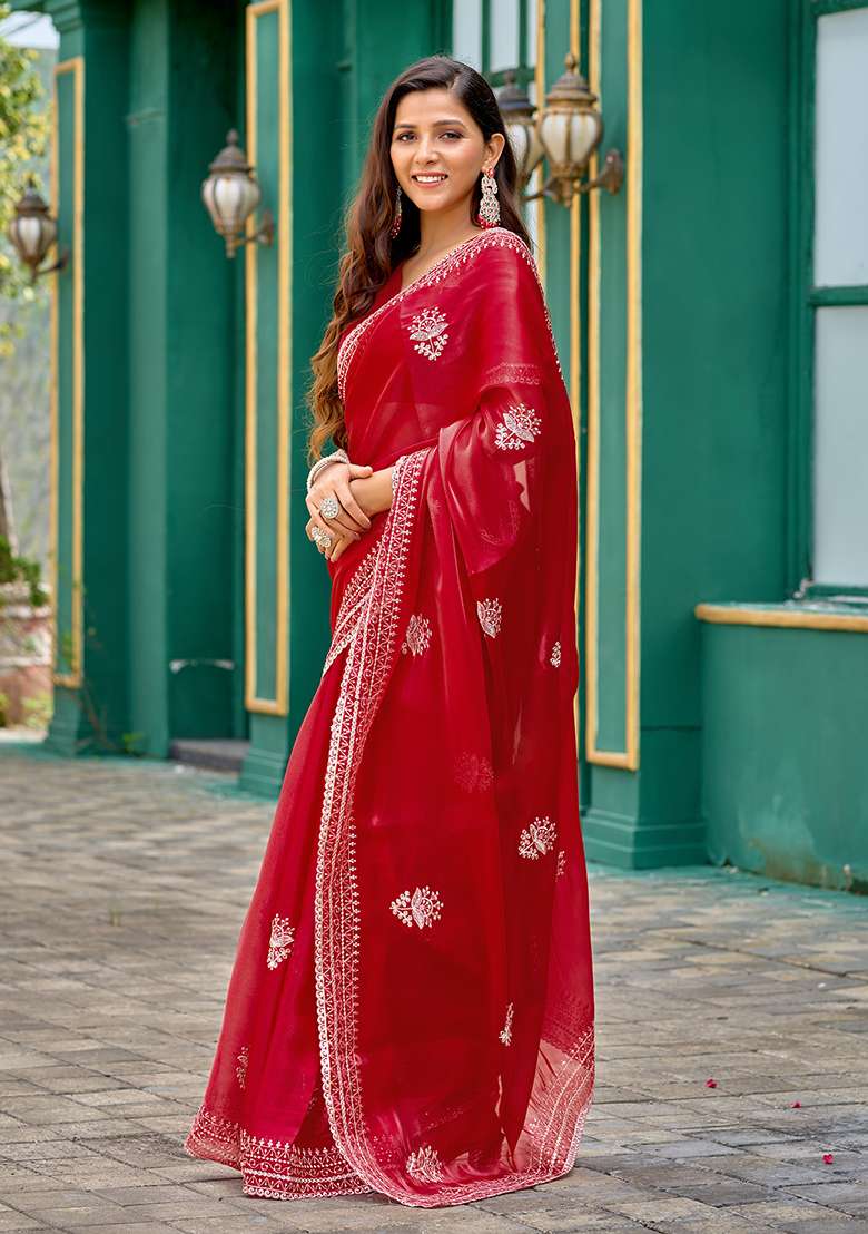 Red Embroidery Shimmer Chiffon Saree Set for Diwali and Festive Wear - Indya