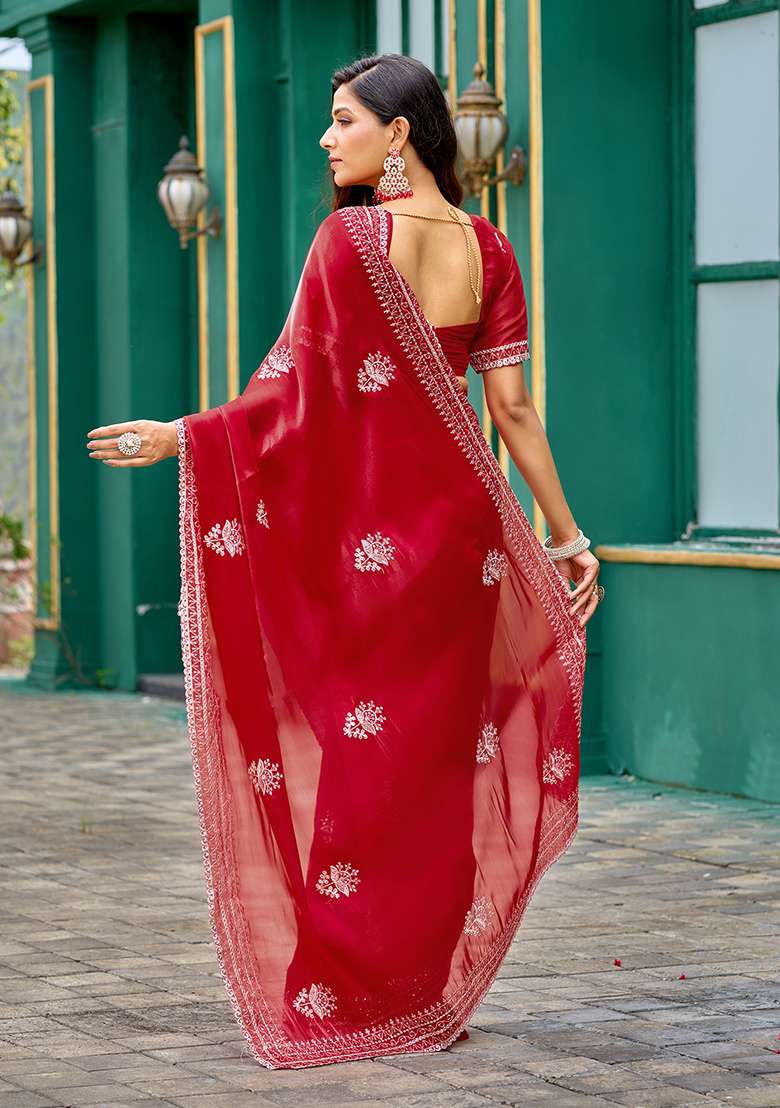 Red Embroidery Shimmer Chiffon Saree Set for Diwali and Festive Wear - Indya