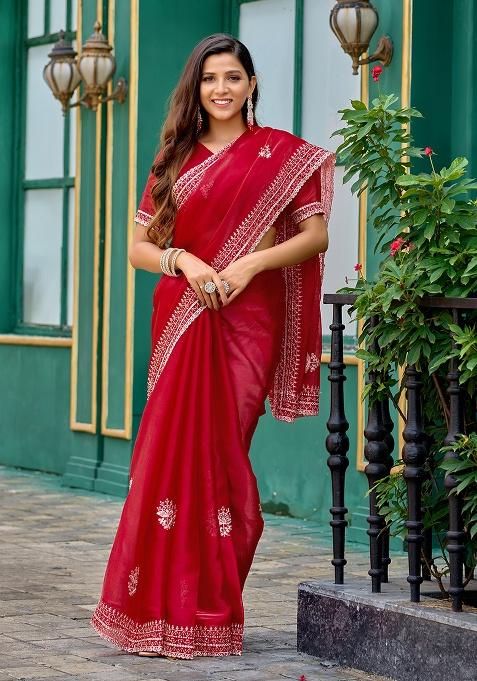Red Embroidery Shimmer Chiffon Saree Set