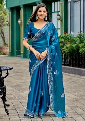 Sky Blue Embroidery Shimmer Chiffon Saree Set