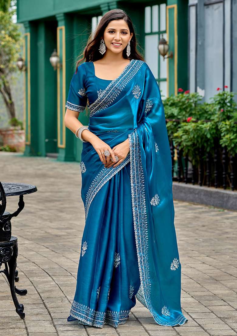 Sky Blue Shimmer Chiffon Saree Set with Embroidery for Diwali | Wedding & Festive Wear - Indya