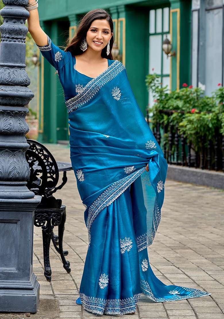 Sky Blue Shimmer Chiffon Saree Set with Embroidery for Diwali | Wedding & Festive Wear - Indya