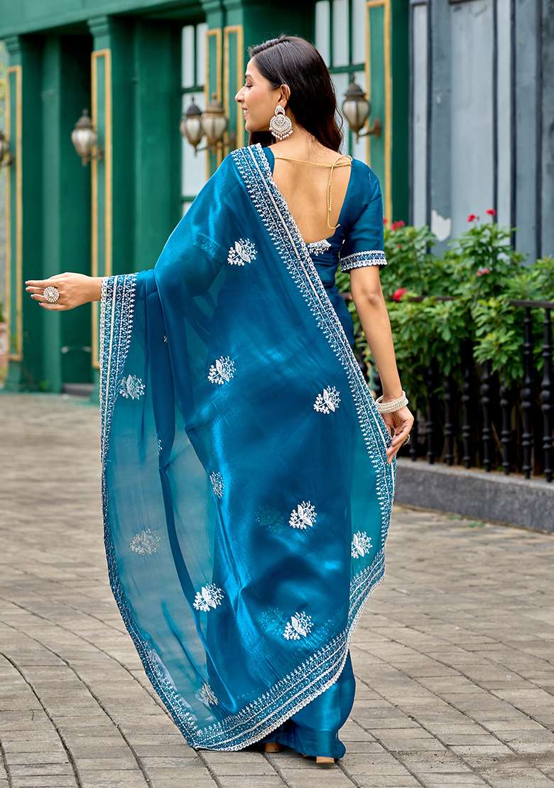 Sky Blue Shimmer Chiffon Saree Set with Embroidery for Diwali | Wedding & Festive Wear - Indya