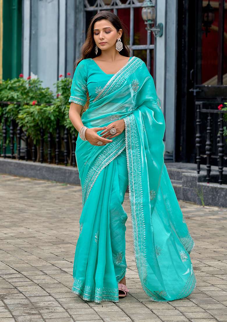 Turquoise Embroidery Shimmer Chiffon Saree Set for Diwali and Festive Wear - Indya